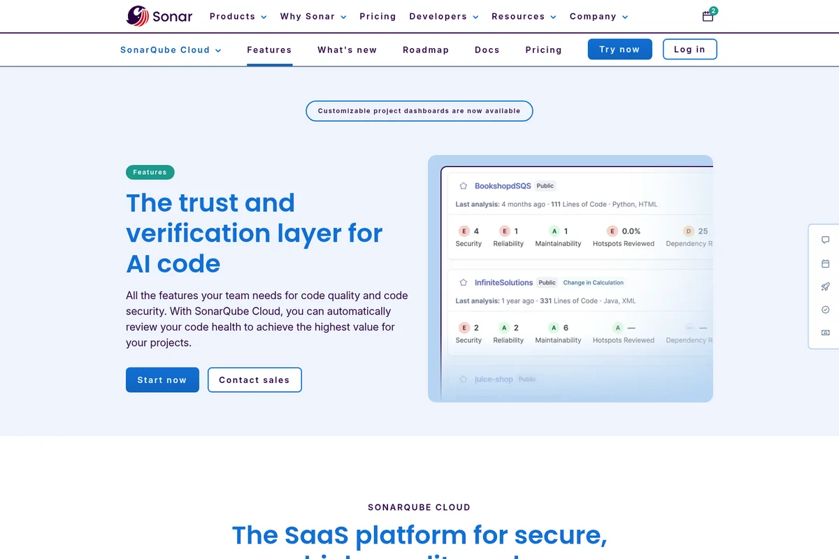 SonarQube features page showcasing project dashboards with AI code quality metrics for security, reliability, and maintainability in a clean, modern interface.