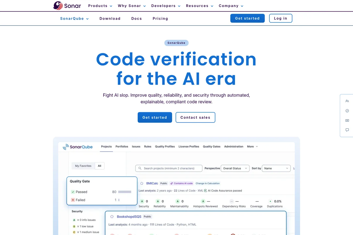 SonarQube dashboard showing code quality verification with project metrics, security issues, and quality gates.