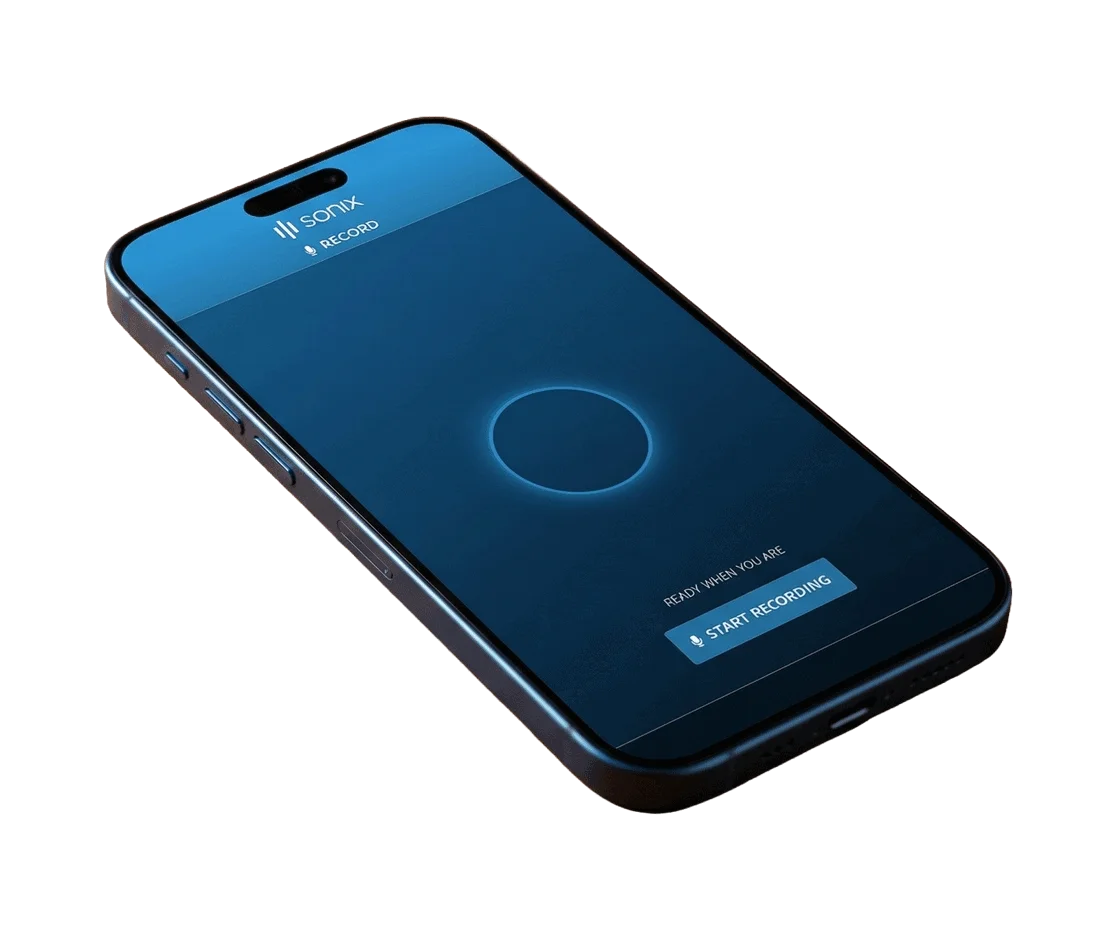 Sonix recording app showing the ready-to-record screen on a modern smartphone with a dark-mode interface.