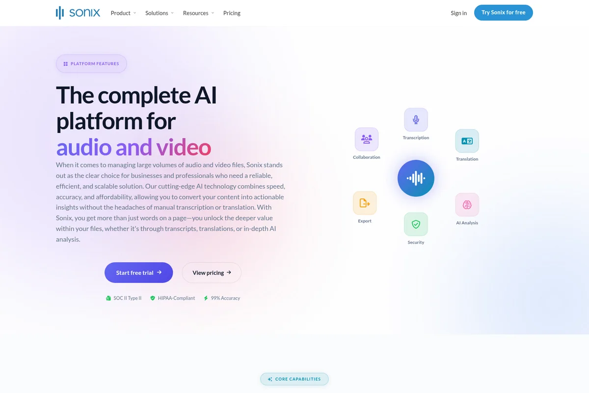 Sonix features page showing the complete AI platform for audio and video with a modern, clean interface and capability icons.