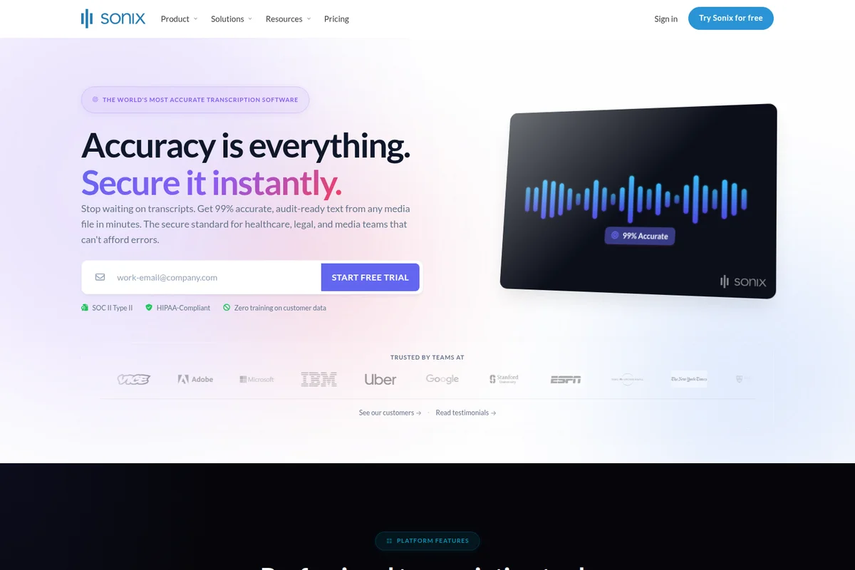 Sonix landing page hero showcasing '99% Accurate' transcription with a dynamic sound wave graphic and a free trial signup form.