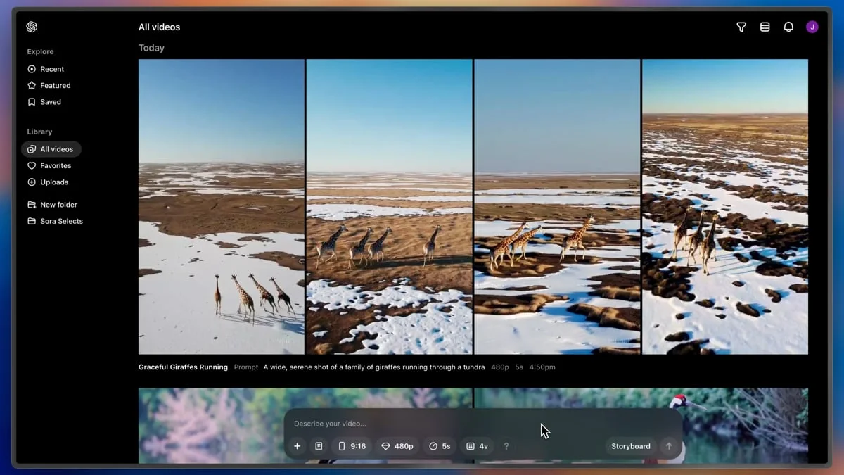 Sora workspace showing a gallery of AI-generated videos of giraffes running through a tundra with a dark-mode interface.