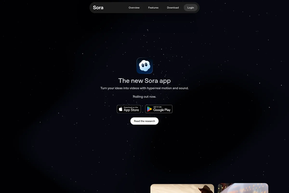 Sora landing hero for the new app, featuring an app icon, headline, and download buttons on a dark starry background.