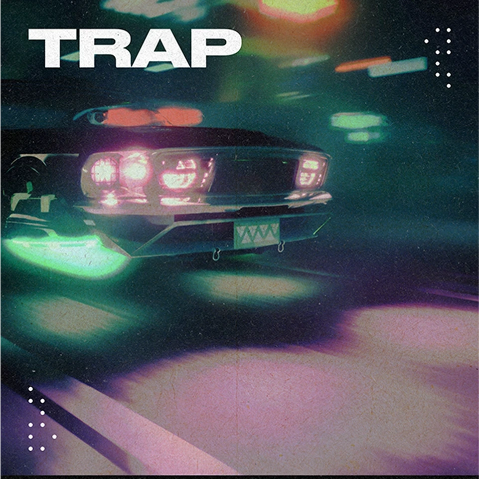 Soundraw 'Trap' music genre visual featuring a futuristic car with vibrant neon lights, evoking a dark, high-energy aesthetic.