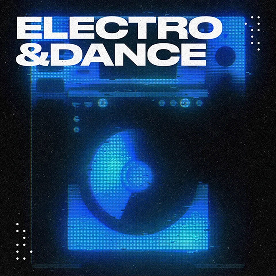 Soundraw landing hero for electro and dance music featuring a retro-futuristic blue speaker graphic.