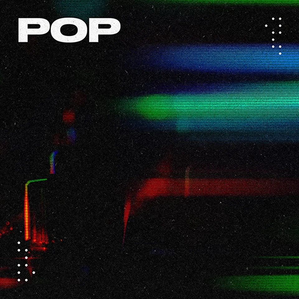 Soundraw landing-hero showing an abstract pop music graphic with colorful light streaks and the text 'POP' on a dark, grainy background.