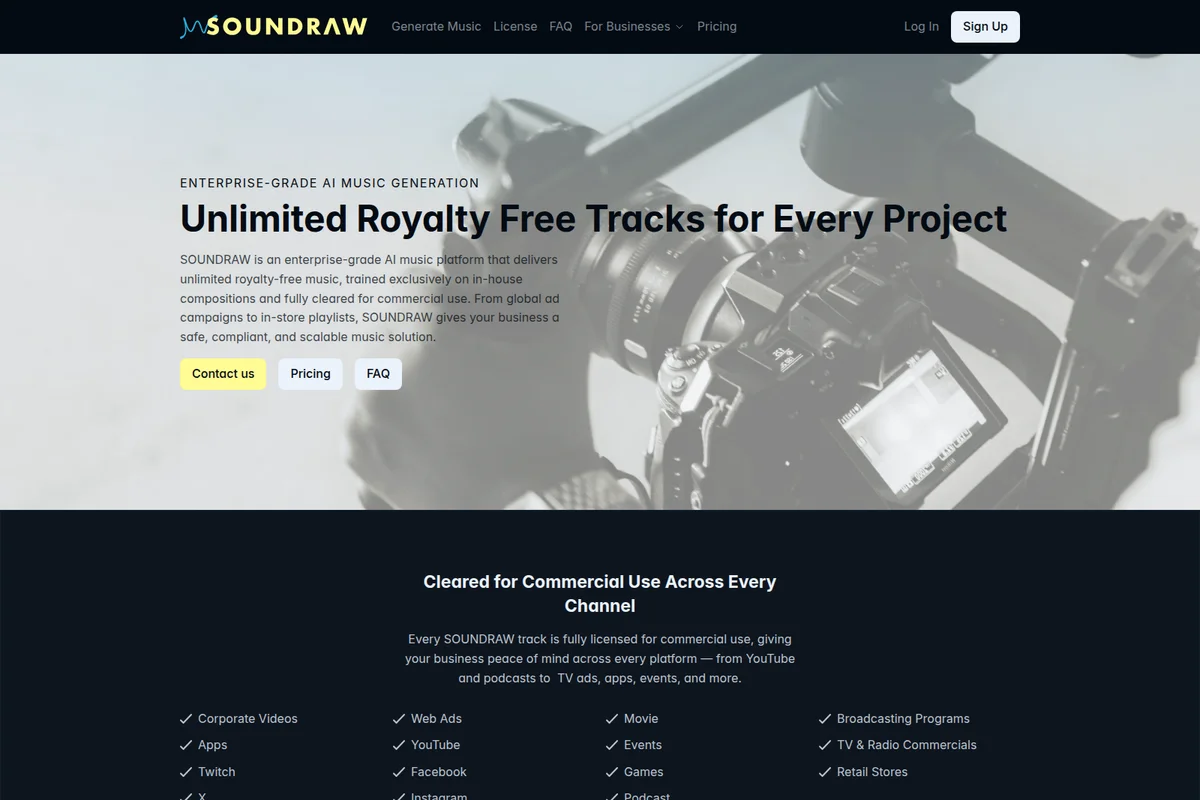 Soundraw landing page promoting unlimited royalty-free AI music for commercial use with a modern design.