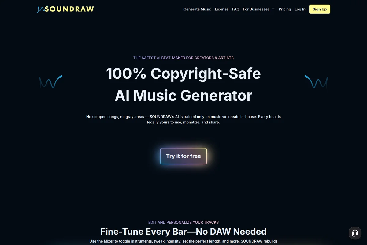 Soundraw landing page showcasing 100% copyright-safe AI music generation with a dark-mode modern interface.