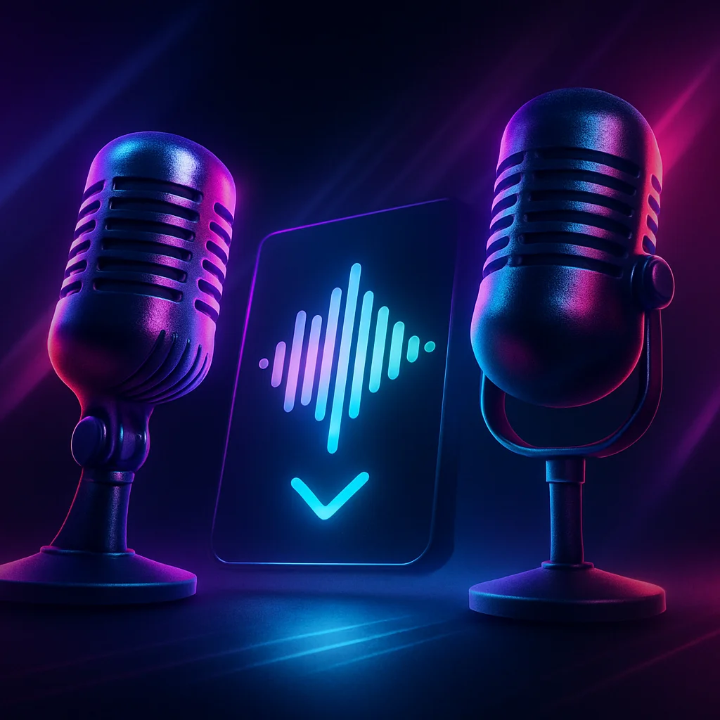 Soundverse landing hero showing two microphones and a glowing audio waveform in a neon dark theme.