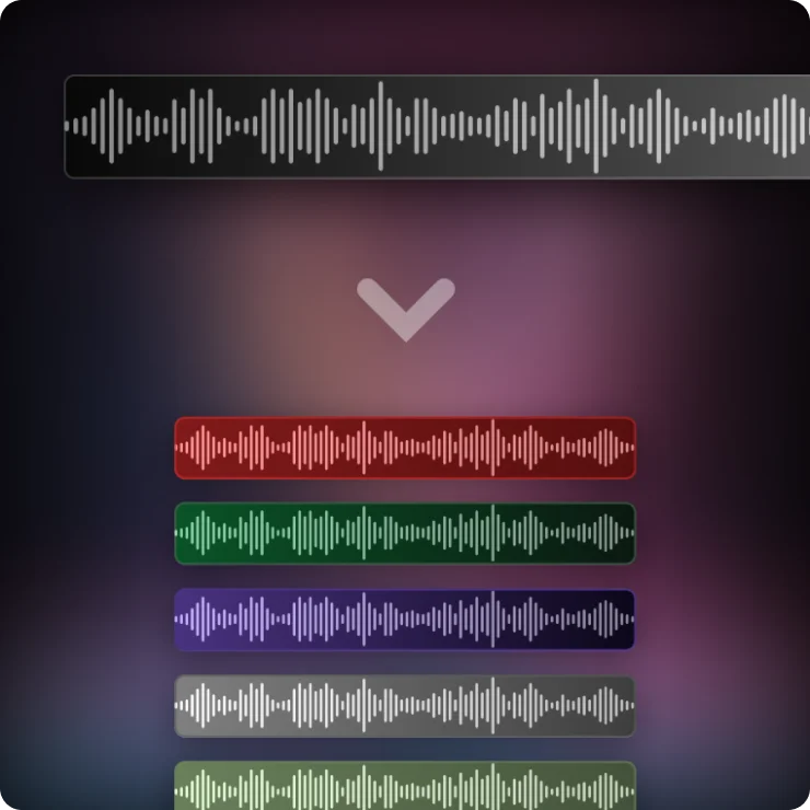 Soundverse workspace showing multiple colored audio waveform tracks with a modern dark-mode aesthetic.
