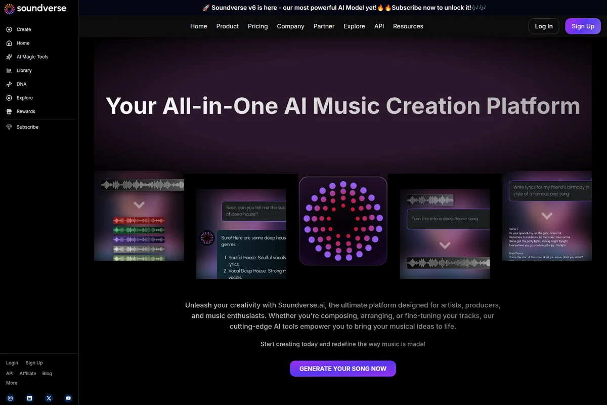Soundverse features page showing AI music generation, genre transformation, and lyric writing capabilities with a dark-mode interface.