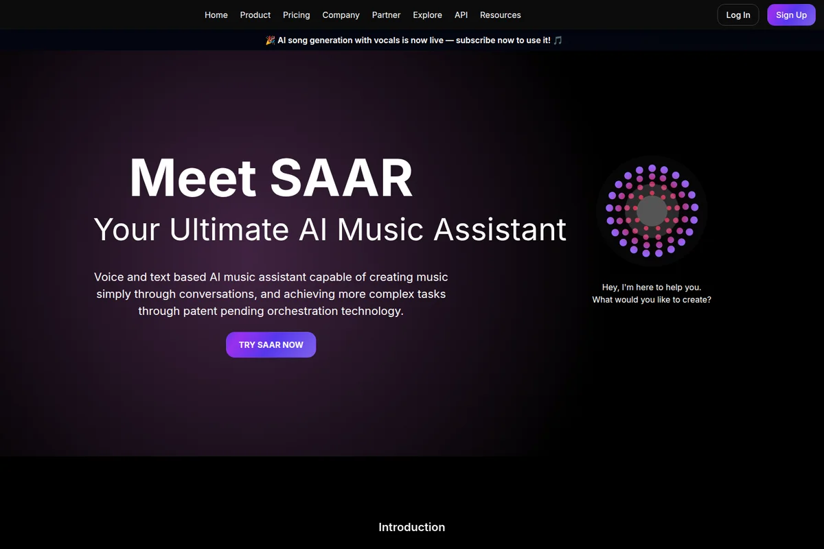 Saar AI Music Assistant landing page displaying product title, description, a 'Try Saar Now' button, and a vibrant circular AI graphic in a dark-mode interface.