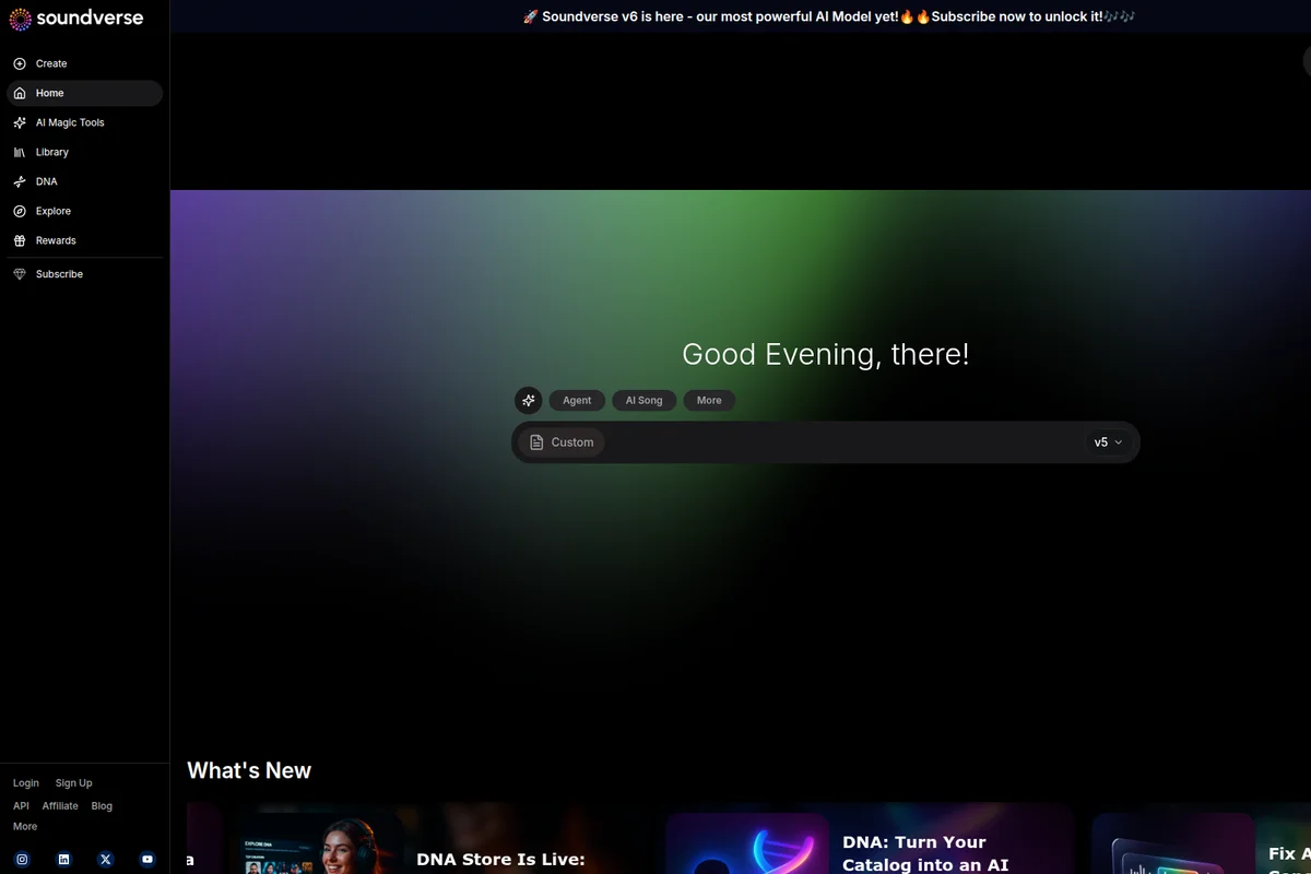 Soundverse homepage workspace showing AI sound and song generation prompts with a dark-themed interface.