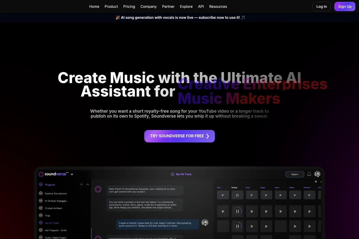 Soundverse landing page showing the AI music generation interface with a dark-mode theme.