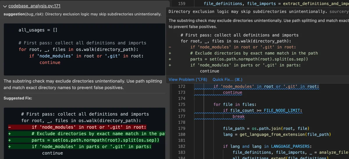 Sourcery code editor UI showing an AI-powered refactoring suggestion with a clear diff view in a dark UI.