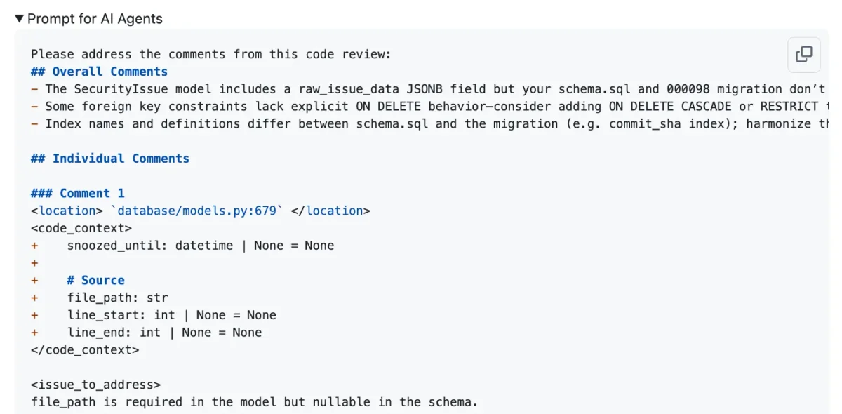 Sourcery AI code review displaying overall and individual comments with Python code context and suggested issues.