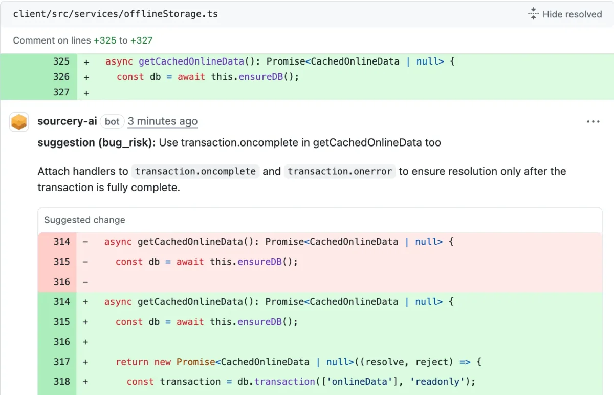 Sourcery AI code review bot providing a 'bug_risk' suggestion for the 'getCachedOnlineData' function with a proposed code refactor displayed in a clean web interface.