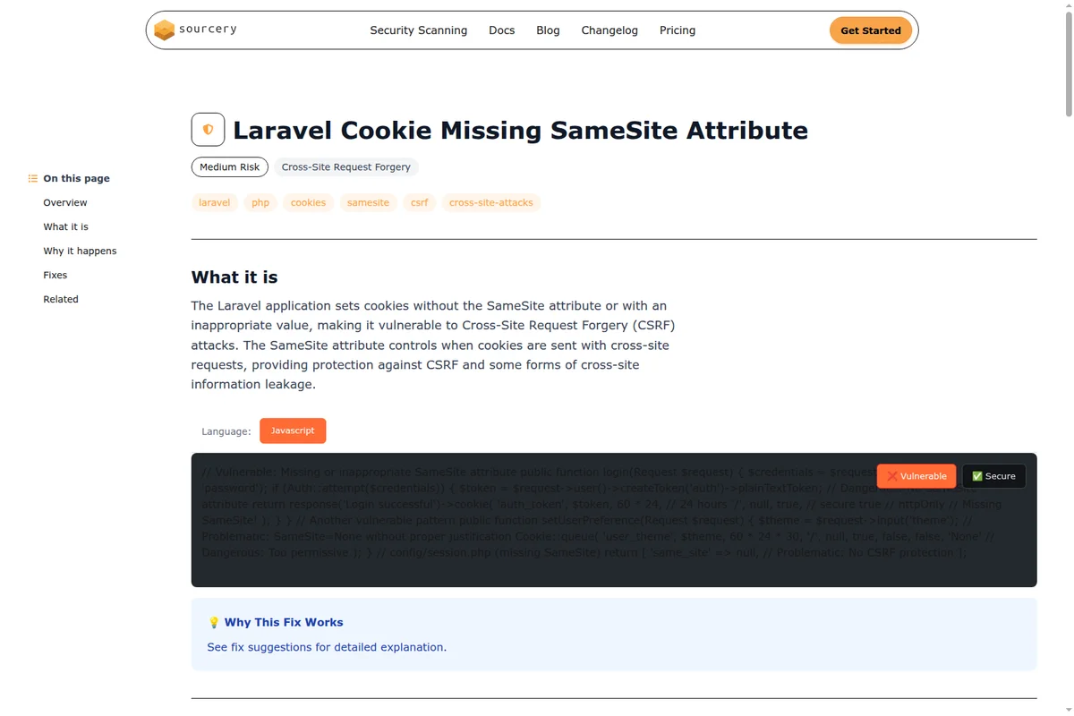 Sourcery documentation detailing the 'Laravel Cookie Missing SameSite Attribute' vulnerability with code examples in a light-themed interface.
