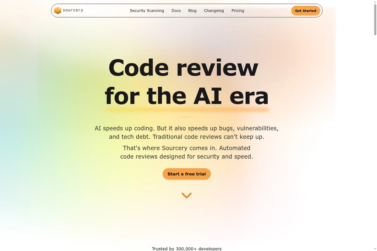 Sourcery landing page hero section showcasing 'Code review for the AI era' with a modern design and soft gradient background.