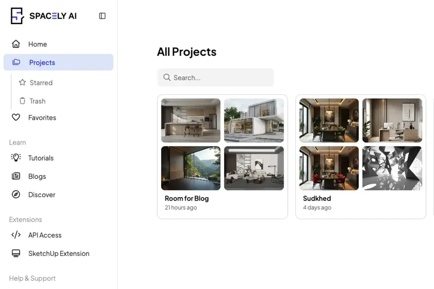 Spacely AI project gallery showing AI-generated architectural and interior design renders in a clean light-mode interface.