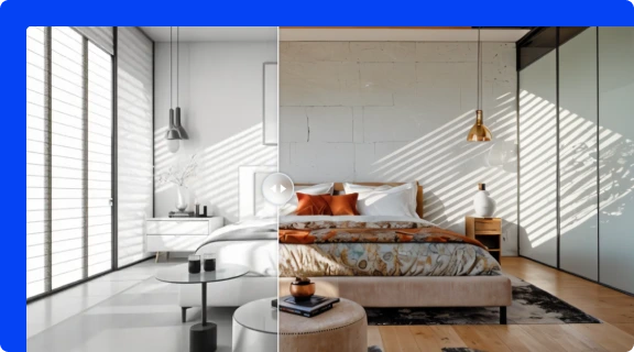 Spacely AI interior design output showing a modern bedroom transformed from a grayscale layout to a photorealistic full-color rendering.