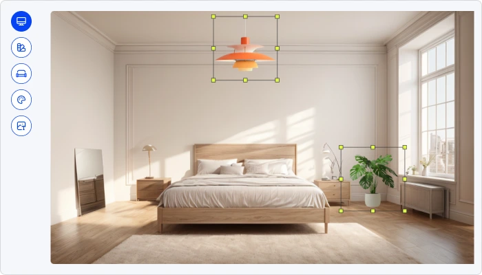 Spacely AI workspace showing a modern bedroom design, with a ceiling light and plant highlighted for AI customization, in a clean interface.