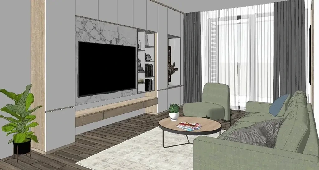 Spacely AI output sample showing a modern living room design with a green sofa and TV wall unit in a 3D rendering style.