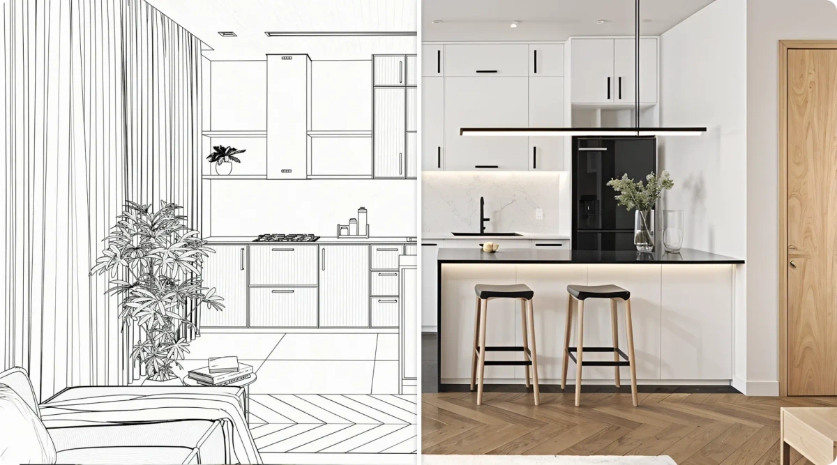 Spacely AI output sample showing an interior design sketch transformed into a photorealistic modern kitchen and living room render.