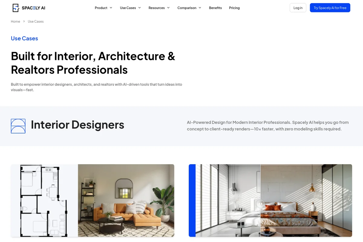Spacely AI Use Cases page demonstrating AI-powered interior design and architectural rendering from floor plans with a clean, modern web interface.