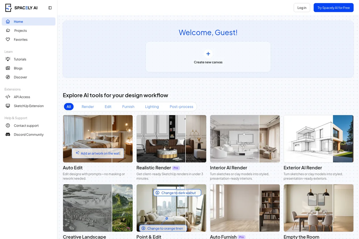Spacely AI home workspace showing a curated list of AI design tools with visual examples and a clean, light interface.