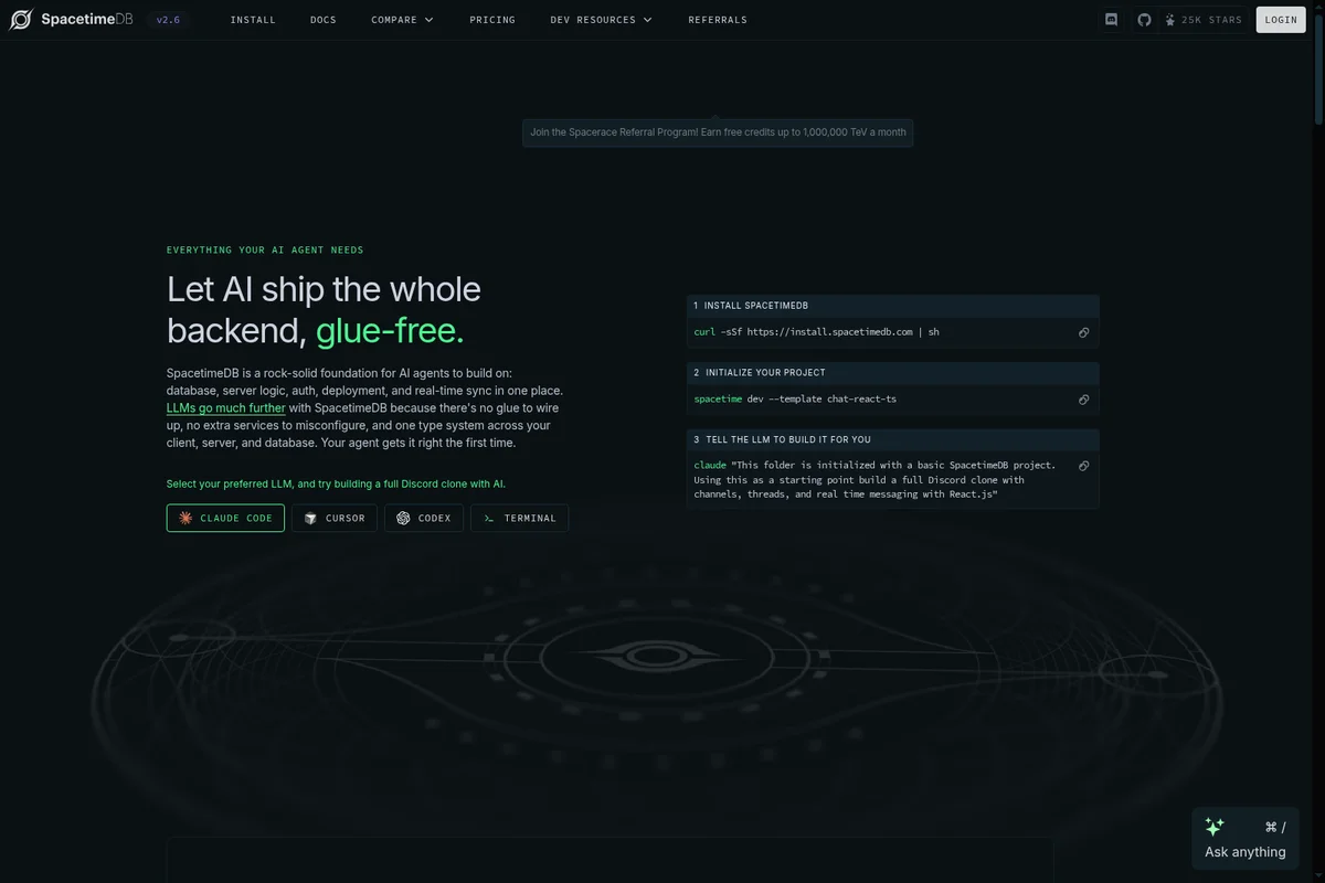 SpacetimeDB homepage showing steps to install and initialize an AI backend project with LLM integration, in a dark theme.