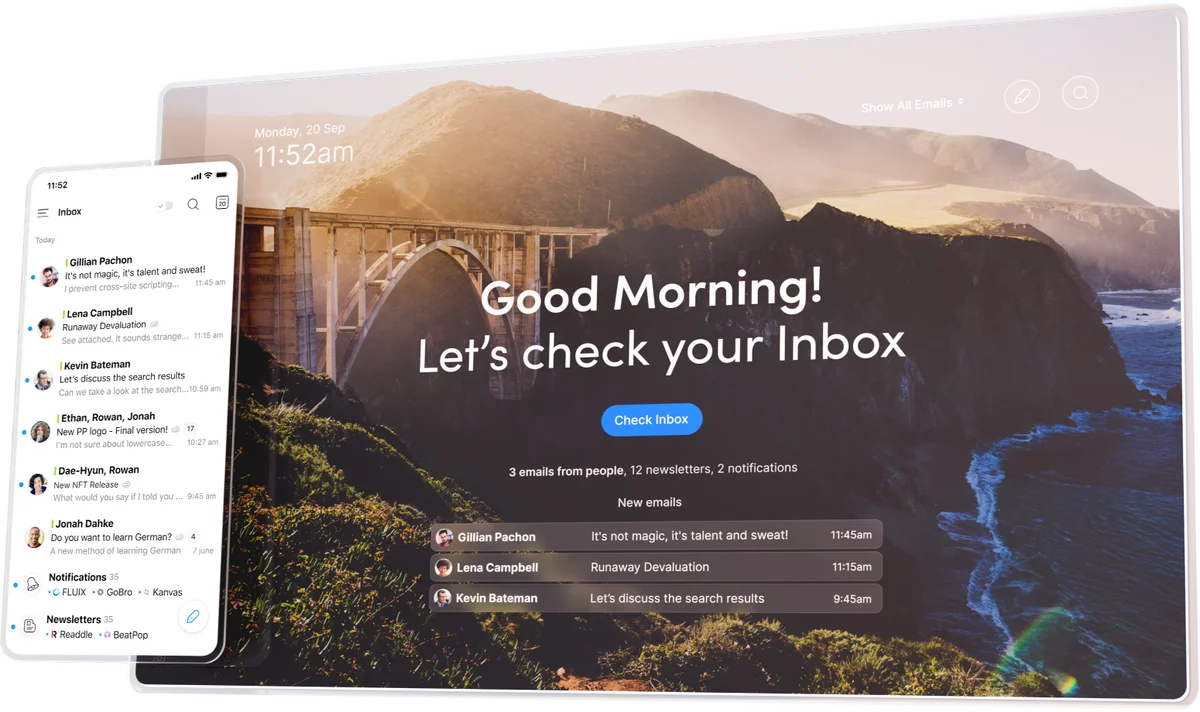 Spark Mail workspace showing an inbox on a mobile phone and a welcome screen on a tablet with new emails, featuring a clean multi-device UI.