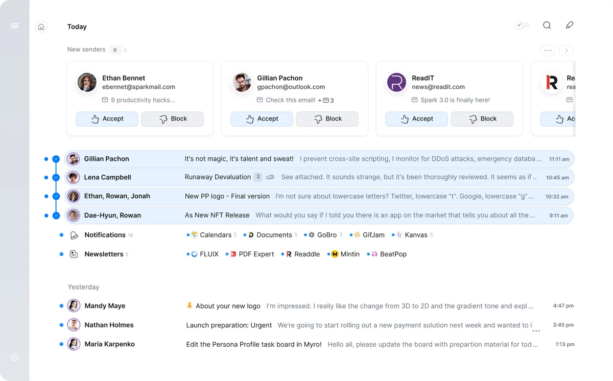 Spark Mail workspace UI showing an organized email inbox with new sender management and categorized content in a clean, modern interface.