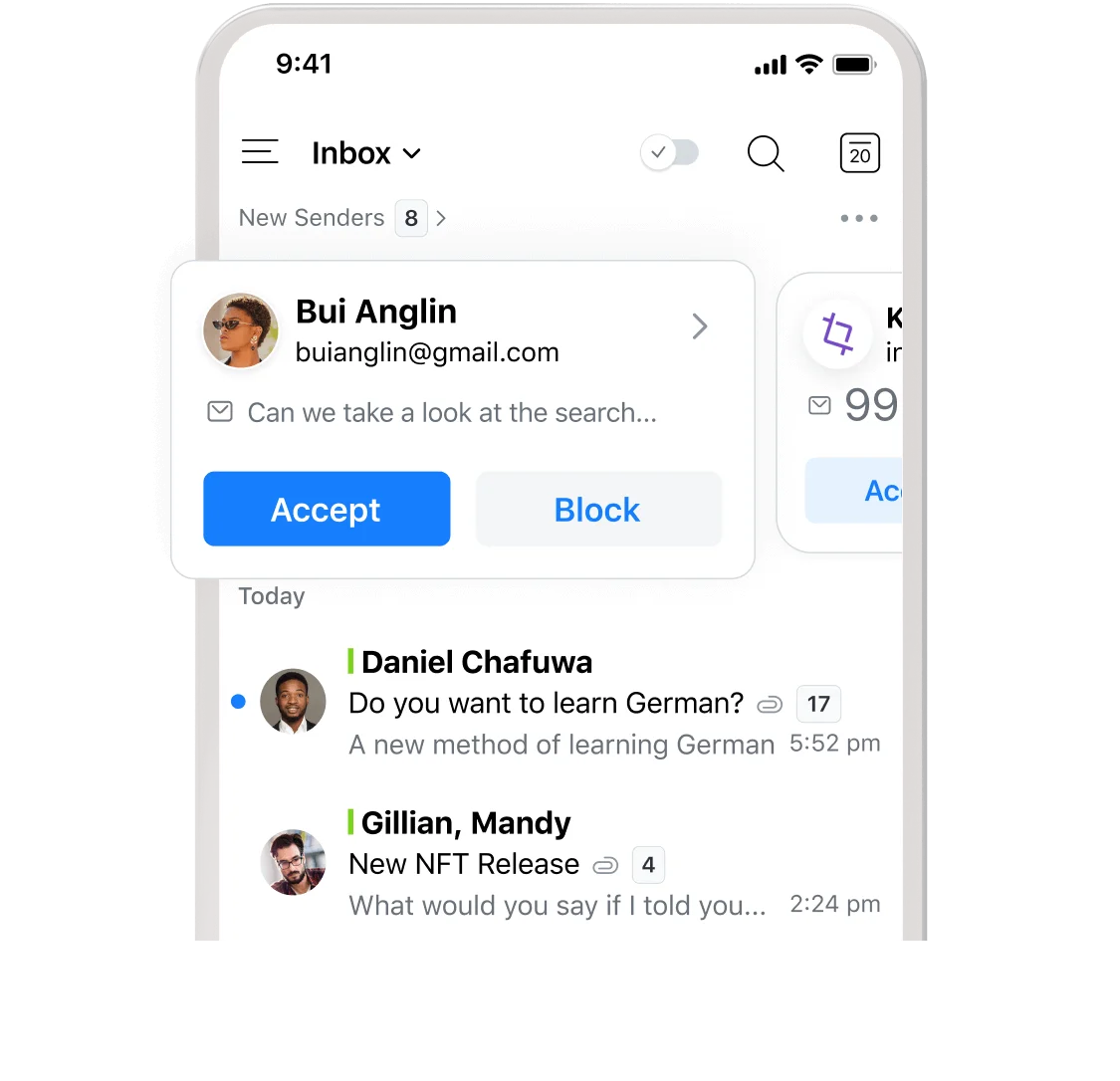 Spark Mail inbox showing a new sender prompt to accept or block with a clean light-mode interface.