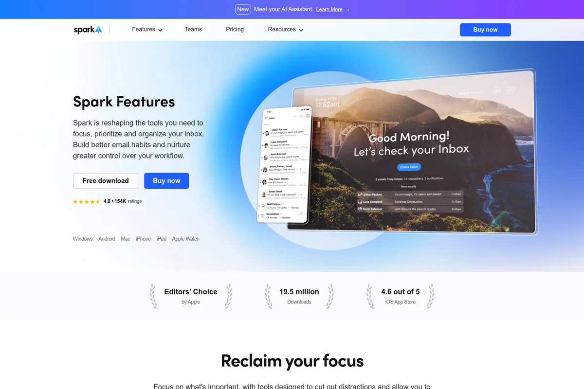 Spark Mail workspace showing an organized email inbox on a desktop and mobile device with a clean, modern interface.