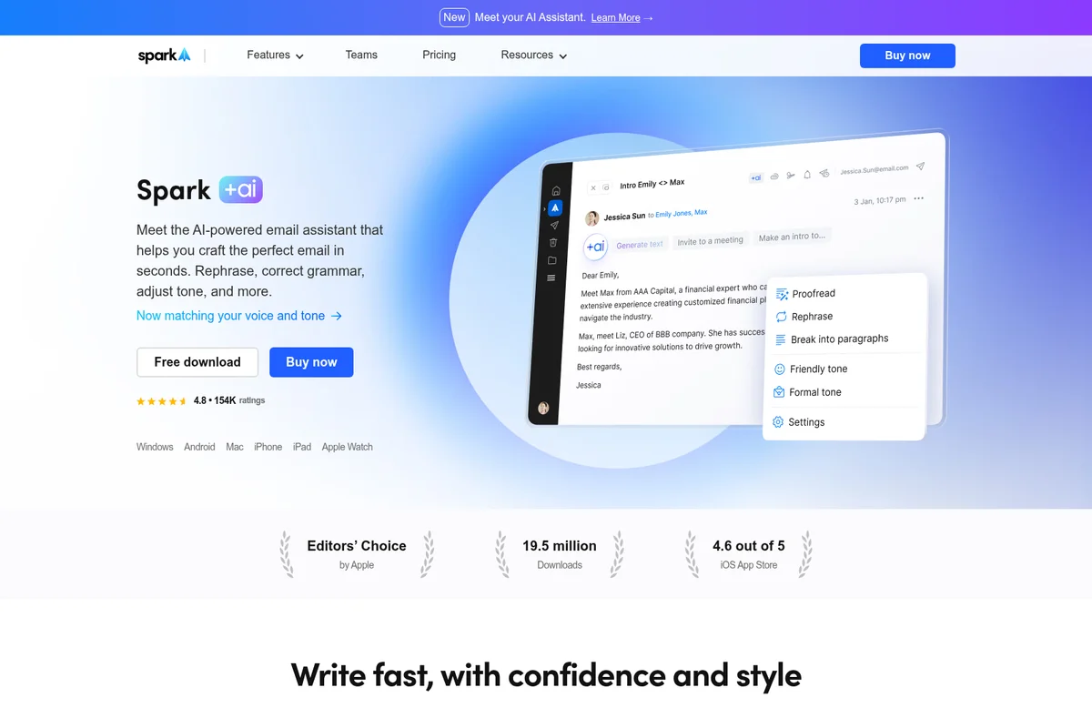Spark +AI email client workspace demonstrating AI writing assistance features like proofread, rephrase, and tone adjustment within a modern interface.
