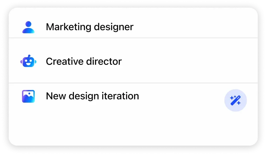 speak AI design tool workspace showing options for different design roles like 'Marketing designer' and 'Creative director', with clean icons and a magic wand button.