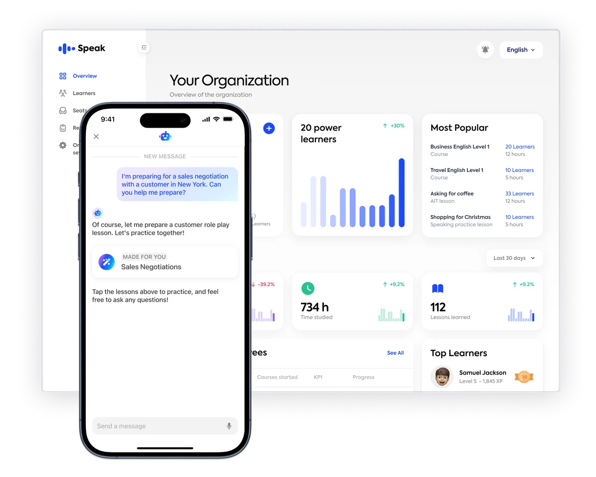Speak AI platform showing a mobile chat for sales negotiation practice and an organization dashboard for learner progress tracking.