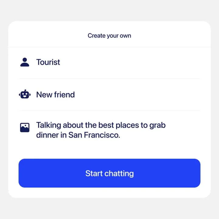 Speak AI conversation starter showing persona and topic selection with a clean light-mode interface.
