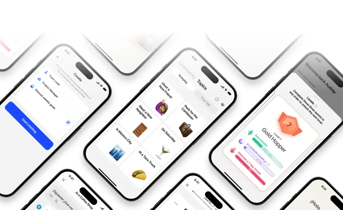 Speak mobile app UI demonstrating conversation creation, diverse learning topics, and gamified progress tracking with a clean, modern design.