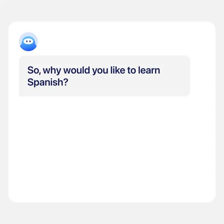 Speak workspace showing an AI chatbot asking about motivation for learning Spanish with a clean, minimalist interface.