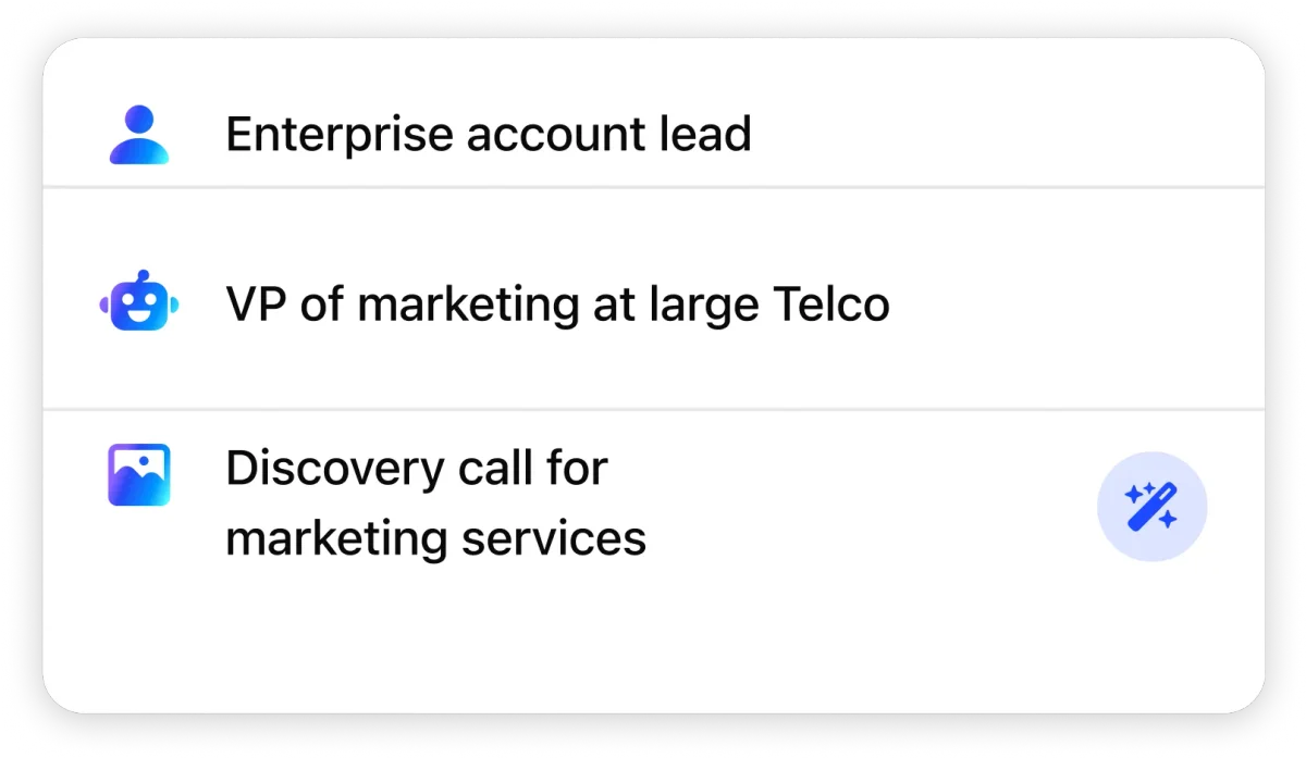 Speak AI interface showing categorized business leads and marketing calls with relevant icons in a clean light theme.