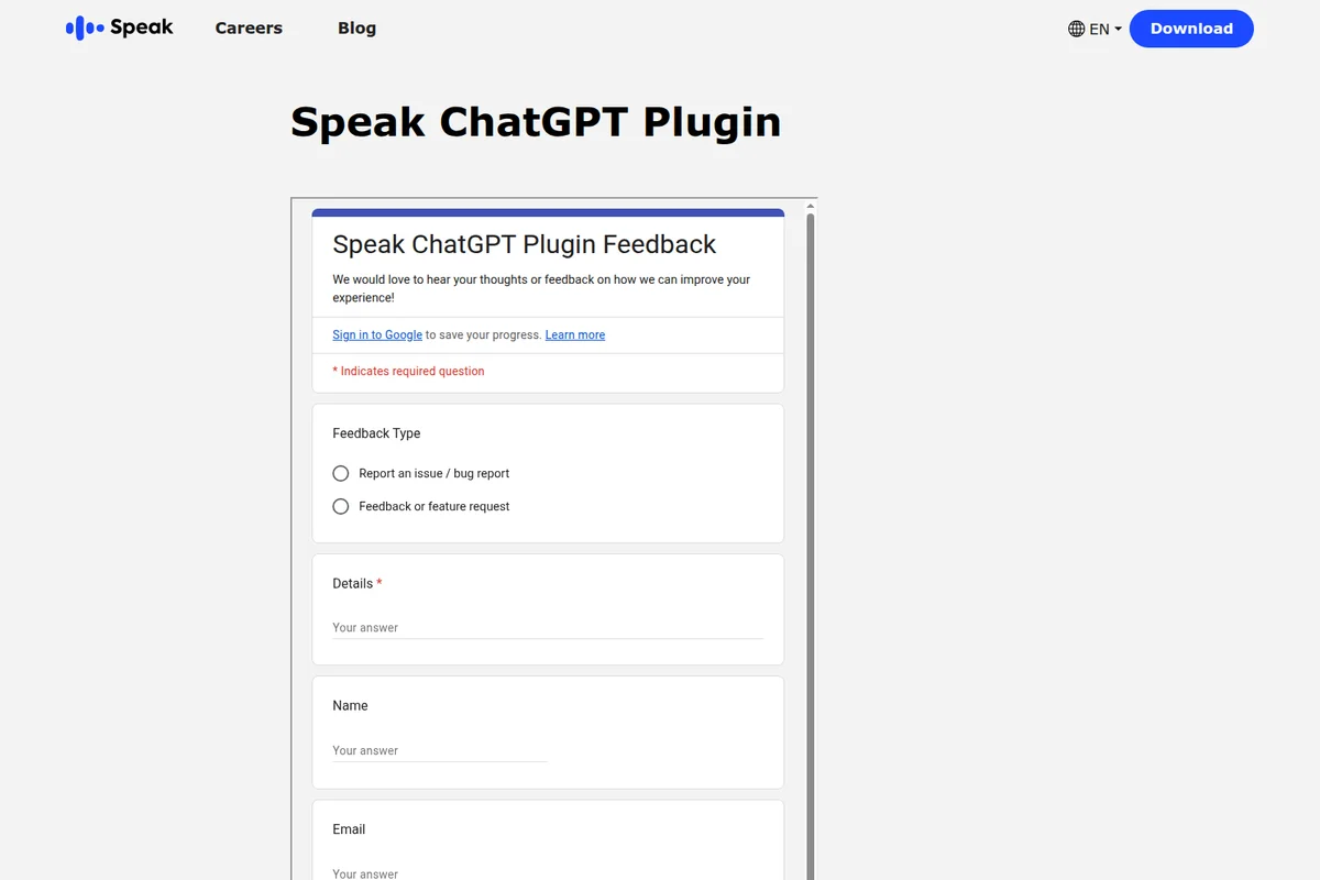 Speak ChatGPT Plugin feedback form showing options to report issues or request features with a clean, modern interface.