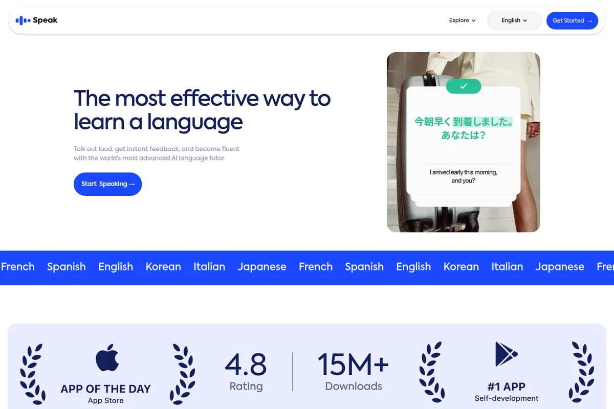 Speak homepage hero demonstrating interactive language learning with a Japanese conversation example and a clean, modern interface.