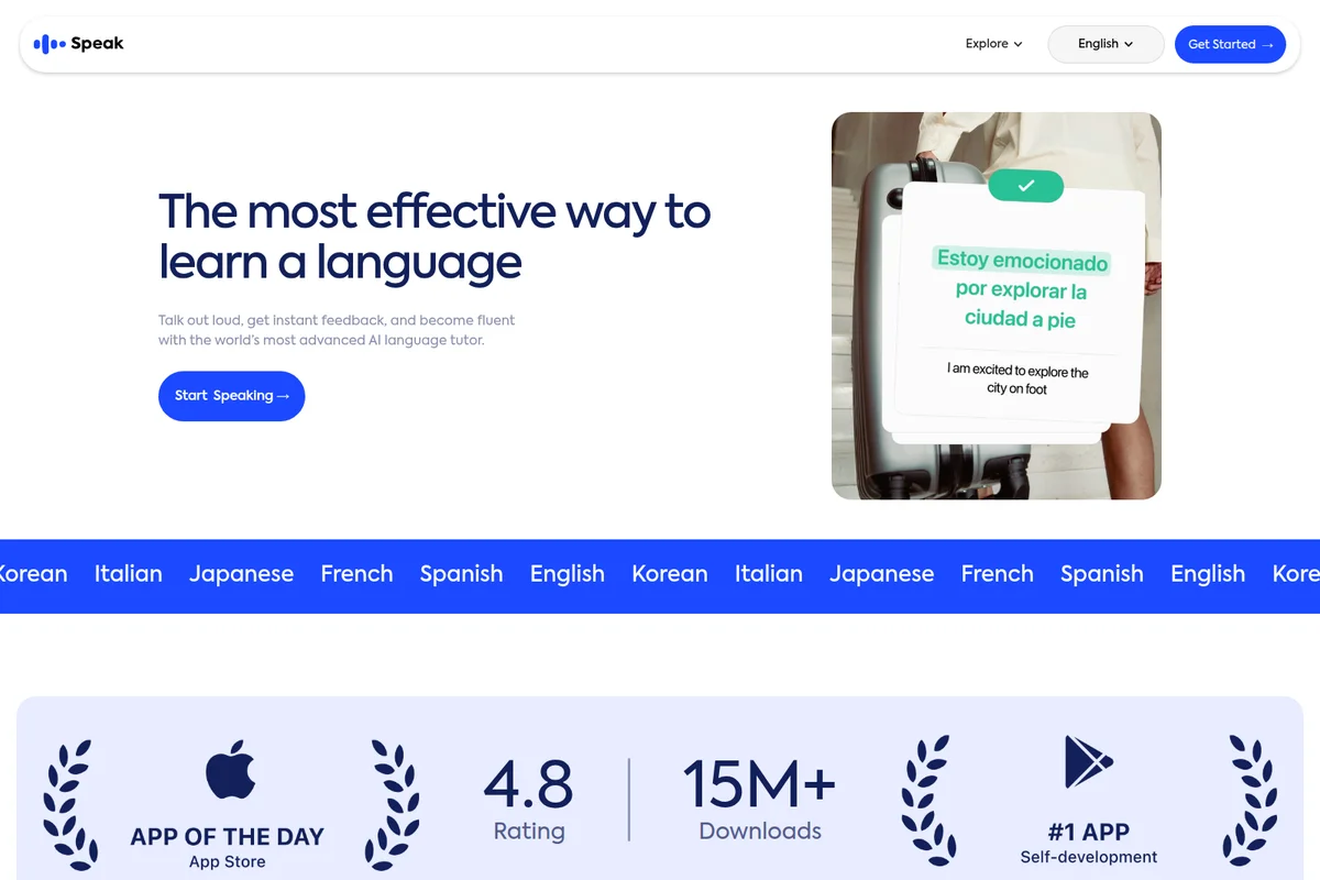 Speak homepage showing an AI language tutor demonstrating a Spanish phrase translation with a clean, modern interface.