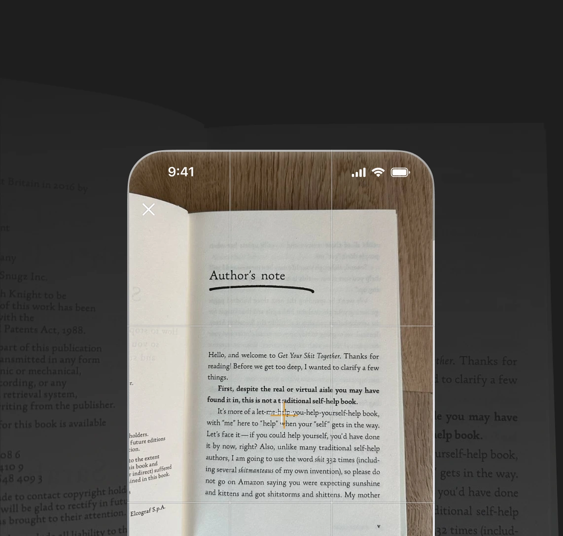 Speechify app displaying a physical book page with highlighted text, showing the document scanning feature in action.