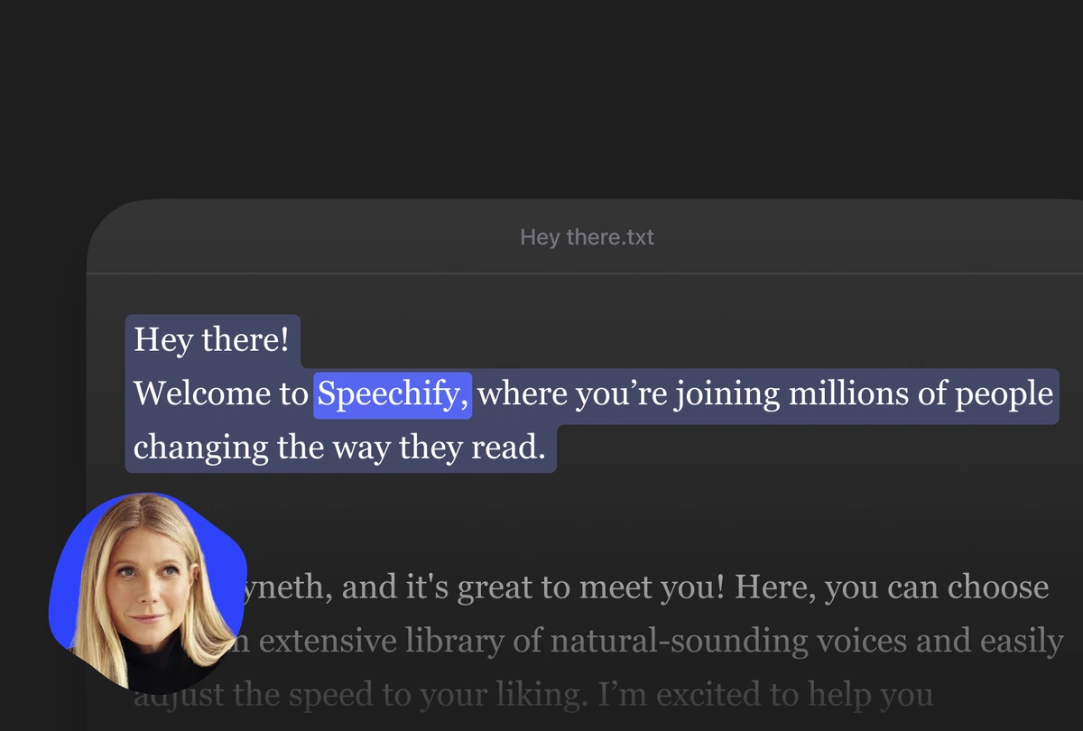 Speechify workspace showing a welcome message being read by a highlighted celebrity voice with a dark mode interface.