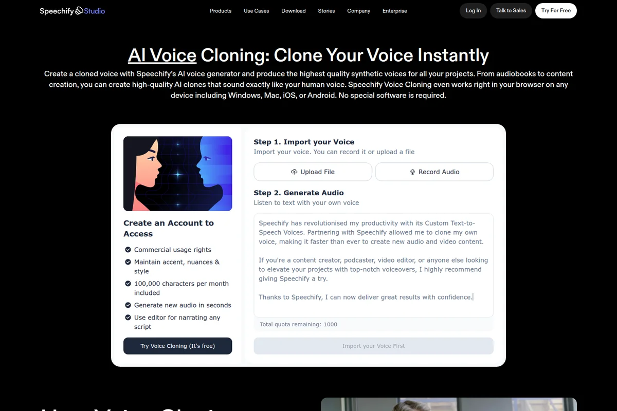 Speechify Studio voice cloning feature displaying steps to import voice and generate audio with a dark-mode UI.