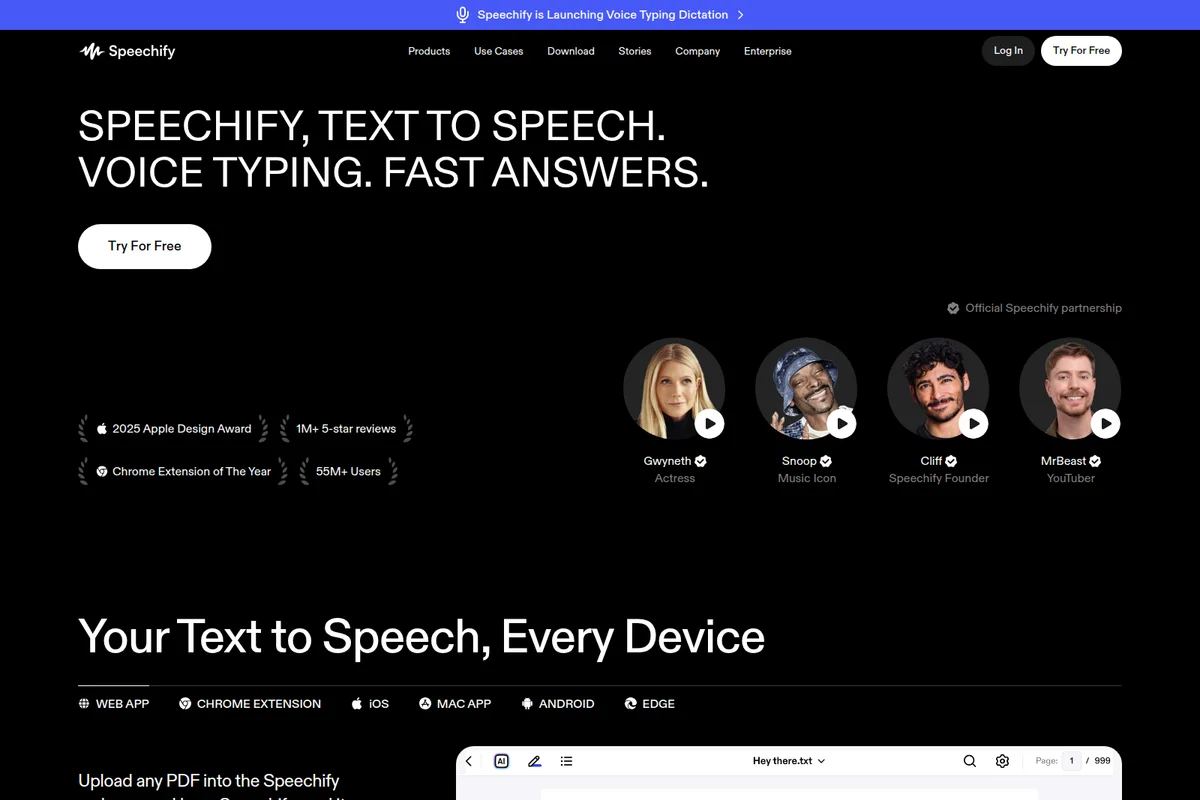 Speechify homepage promoting text-to-speech and voice typing with celebrity endorsements and a dark-mode sleek interface.