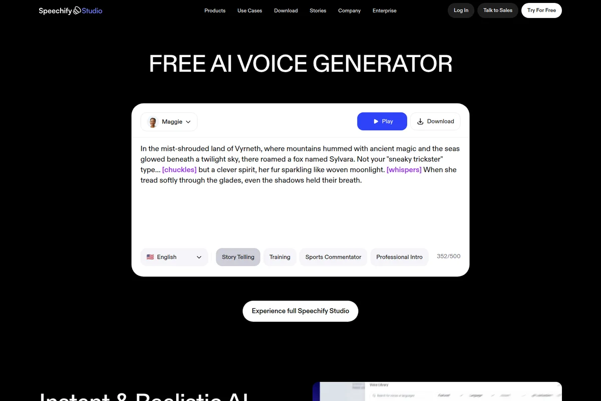 Speechify Studio workspace showing AI voice generation from text with a dark-mode, clean interface.
